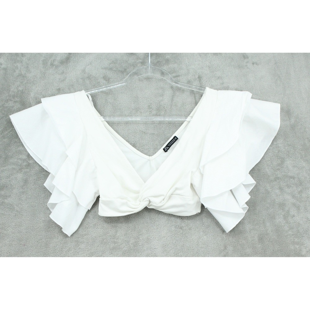 Zara Blouse Womens Medium Ruffle Sleeve Cropped Boho Flutter Knotted White Knit